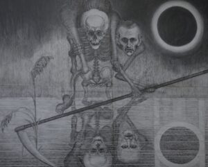 „Powrót do Harmęż”, rysunek z wystawy „Klisze pamięci”, Centrum św. Maksymiliana Kolbe, Harmęże