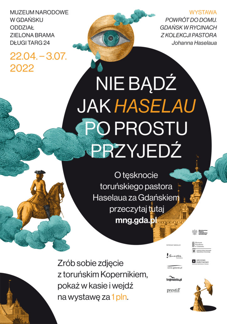 plakat reklamujący wystawę pod tytułem Powrót do domu. Gdańsk w rycinach z kolekcji pastora Johanna Haselaua