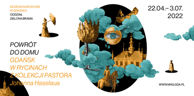 Baner na białym tle napis "powrót do domu, Gdańsk w rycinach z kolekcji pastora Johanna Haselaua", kolaż z elementów identyfikacji graficznej: oko, chmury, ludzkie postaci