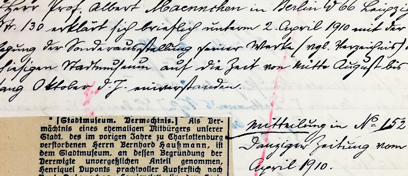baner - fragment Kroniki Zarządu Muzeum - pismo odręczne i wycinek prasowy
