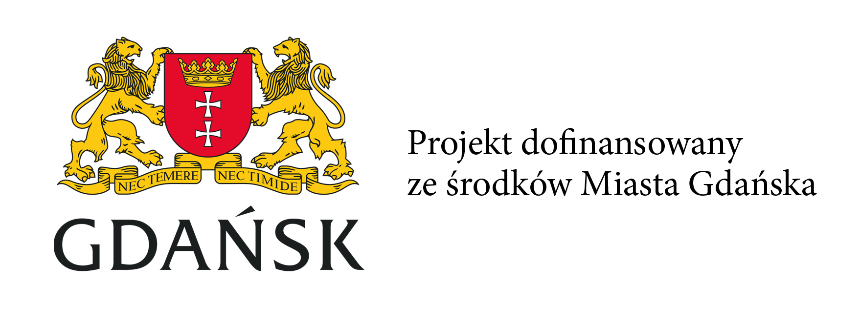 Herb Gdańska - dwa lwy trzymające tarczę herbową z dwoma krzyżami nad którymi znajduje się korona, pod spodem znajduje się napis Gdańsk