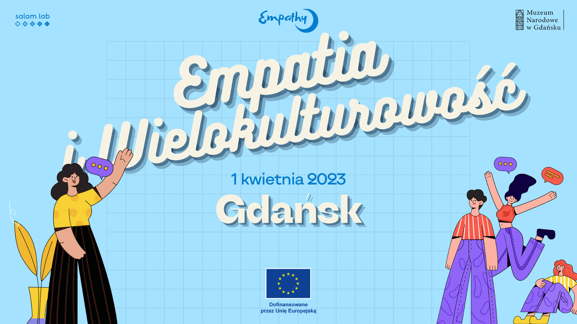 cztery postacie po bokach, w środku napis empatia i wielokulturowość
