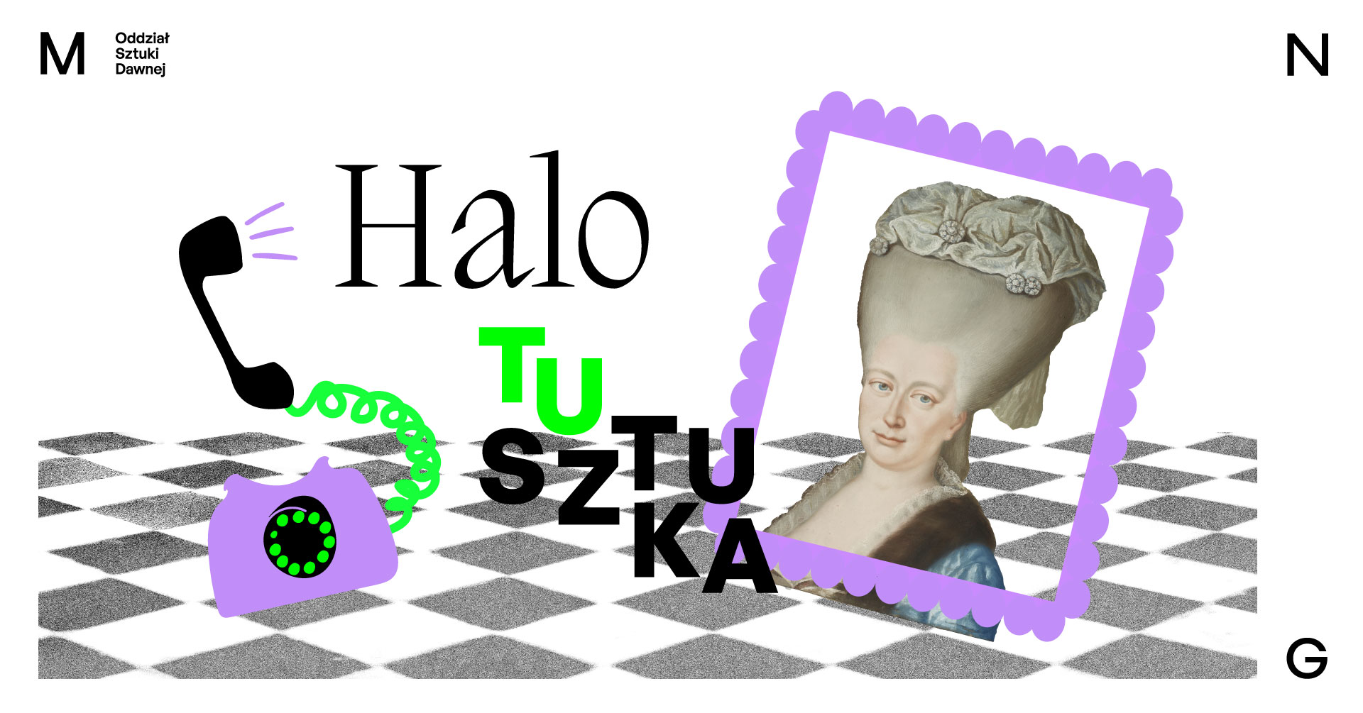 MNG Oddział Sztuki Dawnej. Halo, tu sztuka. Słuchawka telefonu, fioletowa rama i postać z obrazu