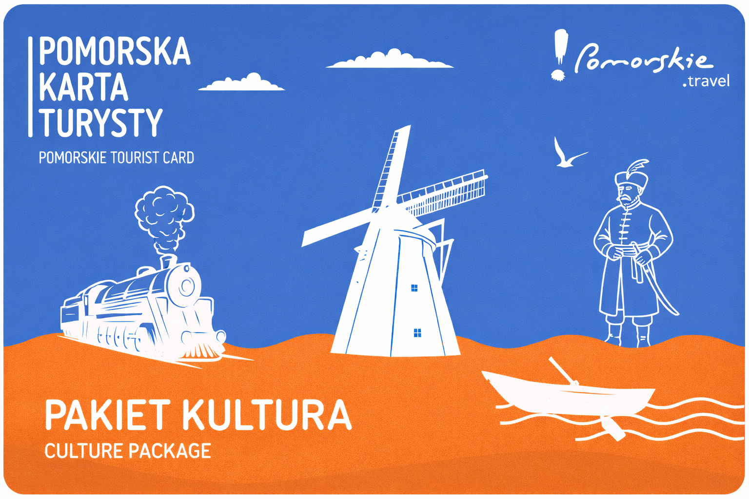 na środku wiatrak , po prawej parowóz, po lewej stojący szlachcic, niżej łódka i napis karta turysty, pakiet kultura
