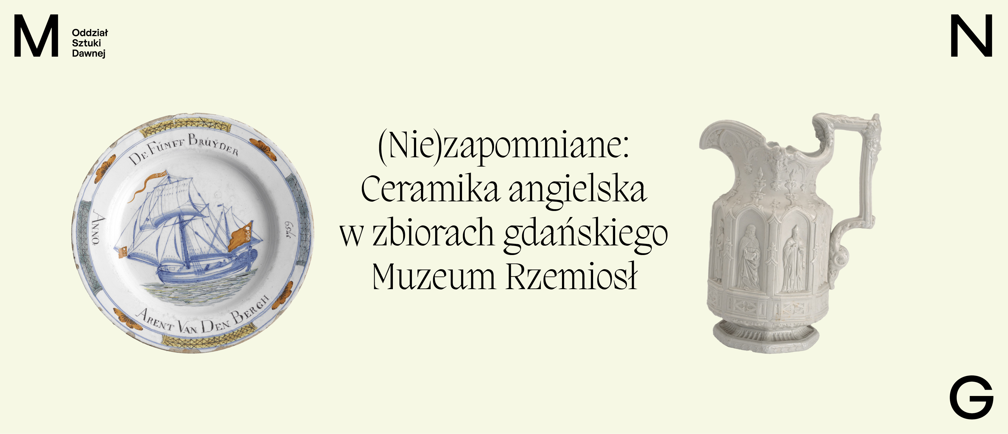 talerz i wazon, pośrodku zaproszenie na wykład pod tytułem (Nie)zapomniane: Ceramika angielska w zbiorach gdańskiego Muzeum Rzemiosł