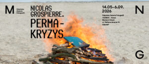 na zapalonym stosie leży książki obok napis Nicolas Grospierre. Permakryzys
