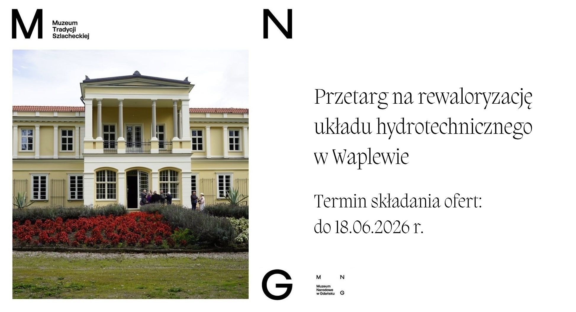pałac w waplewie i napis przetarg na rewaloryzację układu hydrotechnicznego w Waplewie, termin składania ofert do osiemnastego czerwca dwa tysiące dwudziestego szóstego roku