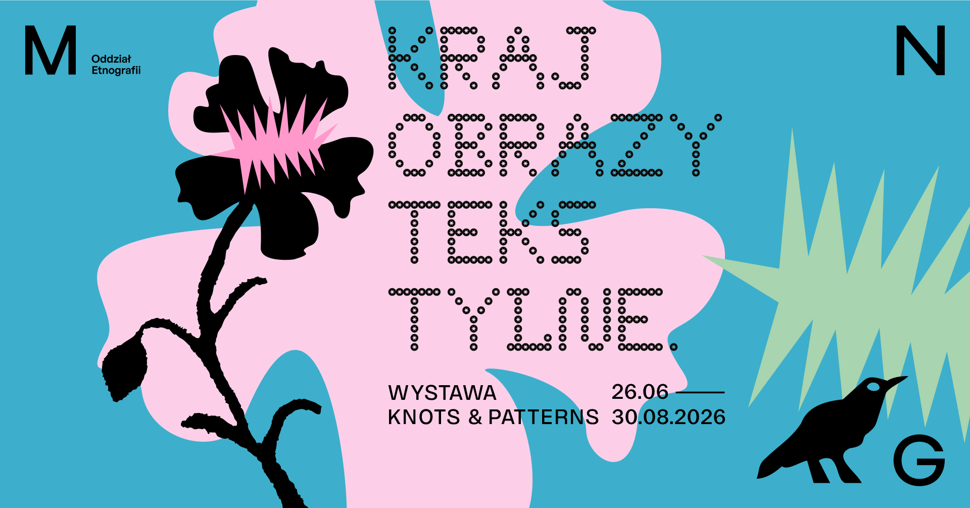 baner wystawy; rożowe rysunkowe kwiaty na niebieskim tle