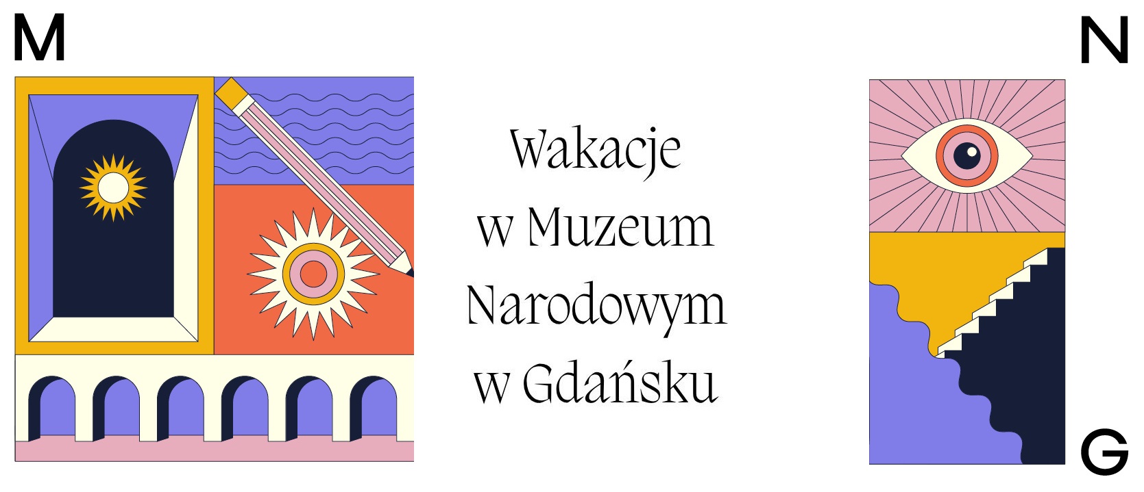 abstrakcyjny rysunek z ołówkiem , okiem i słońcem a obok napis Wakacje w Muzeum Narodowym w Gdańsku