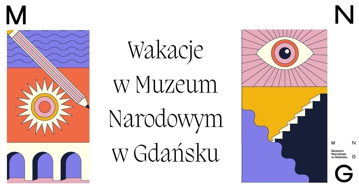 abstrakcyjny rysunek z ołówkiem , okiem i słońcem a obok napis Wakacje w Muzeum Narodowym w Gdańsku