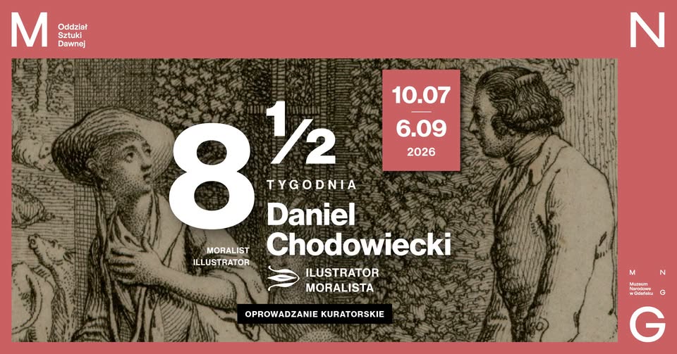 Fragment wystawy „Daniel Chodowiecki. Ilustrator moralista” w Muzeum Narodowym w Gdańsku. Na granatowej ścianie zaprezentowano zestawy rycin Daniela Chodowieckiego w czarnych ramach, uzupełnione opisami kuratorskimi, ukazujące sceny z życia codziennego i literatury XVIII wieku.